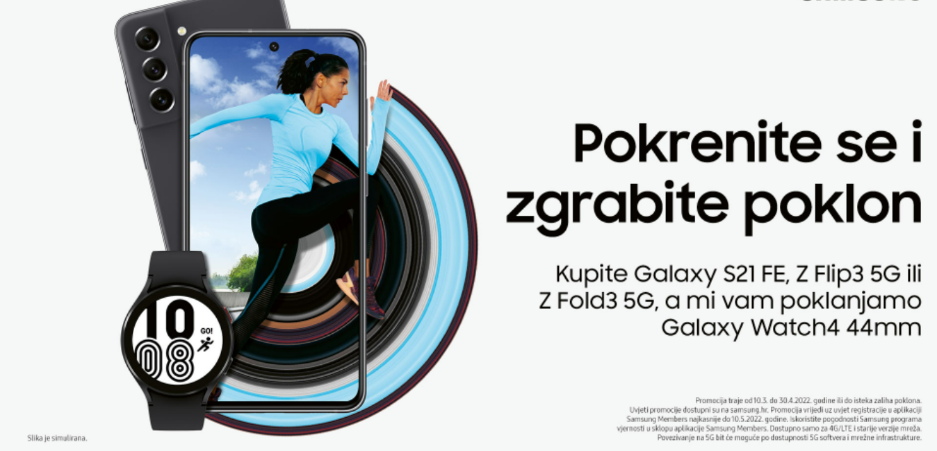 Iskoristite i posebnu ponudu gdje uz kupnju Galaxy S21 FE 5G, Z Flip3 i Z Fold3 pametnog telefona na poklon dobivate Galaxy Watch4 44mm pametni sat u crnoj boji